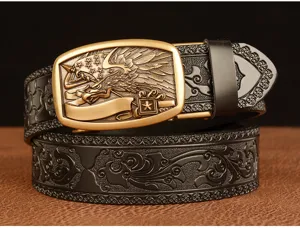 Men's automatic buckle leather belt featuring a detailed golden eagle and patriotic star metal design.