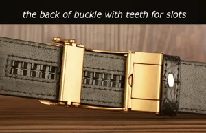 Detailed view of the automatic buckle back with teeth slots on the mens leather belt.