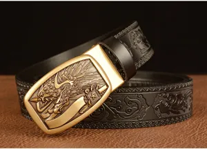 Men leather belt automatic buckle vintage embossed business casual fashion pants belt