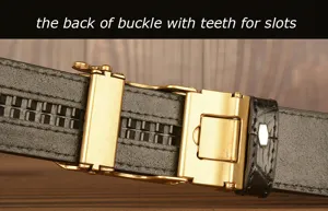Men's automatic buckle leather belt detail view, crocodile pattern texture and alloy gear.