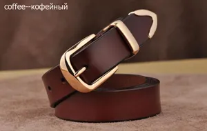 Women cowhide leather belt with gold metal buckle, stylish casual jeans belt for ladies.