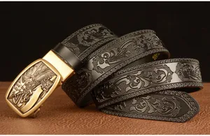 Men black embossed leather belt with gold automatic buckle casual vintage floral pattern strap