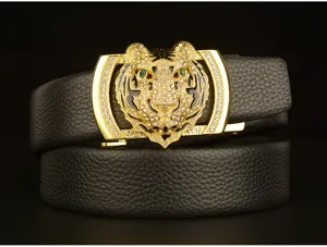 Men's leather belt with gold rhinestone tiger head automatic buckle fashion casual pants belt