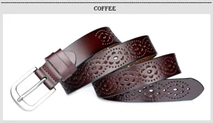 Stylish women's brown genuine leather belt featuring elegant hollow-out floral patterns and buckle.