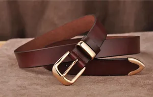 Brown leather belt for women, stylish metal pin buckle, versatile accessory for jeans.