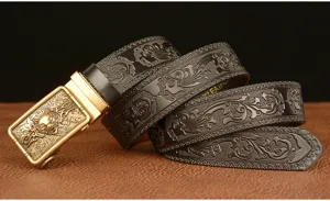 Mens leather belt with wolf buckle and embossed floral pattern for casual daily wear stylish