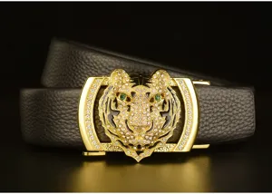 Men's genuine leather belt with luxury rhinestone tiger head automatic metal buckle casual wear.