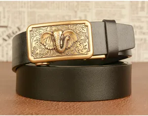Men's black leather belt with brass elephant relief automatic buckle, casual style.
