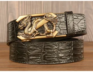 Detailed close-up of the exquisite dragon metal buckle and textured crocodile pattern belt.