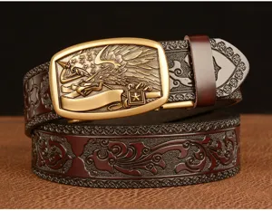 Detailed shot of men embossed leather belt with scroll pattern and vintage eagle automatic buckle.