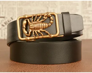 Men leather belt with cool 3D scorpion metal buckle automatic casual trousers belt black