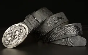 Men's dragon embossed leather belt casual vintage cowhide jeans belt with metal buckle