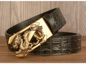 Men luxury automatic buckle belt with detailed dragon metal buckle and embossed crocodile leather.
