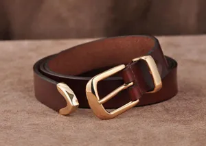 Women brown leather belt with golden metal buckle vintage casual jeans waist belt accessory