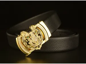 Men luxury leather belt detail, diamond-paved tiger head automatic buckle, black cowhide strap.