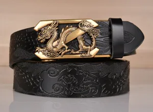 Men's genuine leather belt detail featuring embossed dragon pattern and gold automatic buckle.