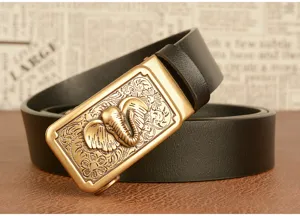 Men's black leather belt with vintage gold-tone elephant relief automatic metal buckle detail.