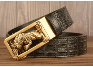 Cintura in pelle da uomo con fibbia automatica, tigre 3D e motivo coccodrillo nero.