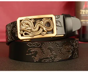 Men's leather automatic buckle belt featuring embossed dragon design for men fashion wear.