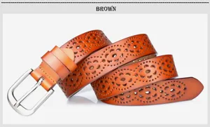 Stylish women's brown leather belt with intricate hollowed-out patterns and metal pin buckle.