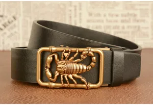 Men's leather belt with retro scorpion automatic metal buckle for casual wear and daily use.