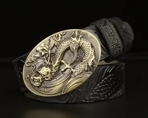 Men leather belt detail showing embossed dragon metal buckle and traditional relief pattern style.