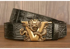 Herren schwarzer Kroko Muster Ledergürtel mit Retro Bronze Drachen V Schnalle für Mode.