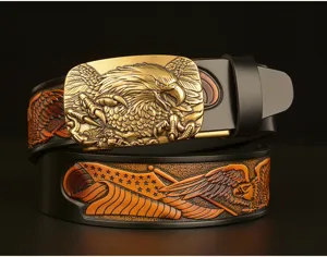 Men's retro carved leather belt featuring a bold eagle buckle and embossed strap.