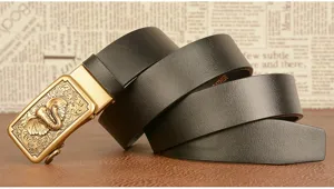 Men's black leather belt with golden elephant embossed automatic buckle for casual wear detail.
