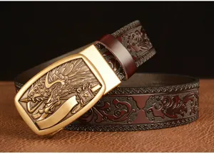 Men's leather automatic buckle belt with embossed floral patterns and vintage metal design.