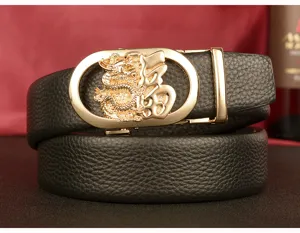 Men's leather belt with stylish dragon and fortune buckle, automatic clasp casual belt for jeans.