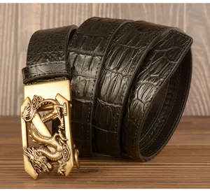 Men's Black Crocodile Pattern Leather Belt with Gold Dragon Automatic Buckle Casual