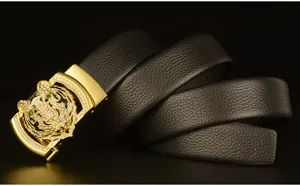 Men's black cowhide leather belt with luxury gold rhinestone tiger head automatic buckle.