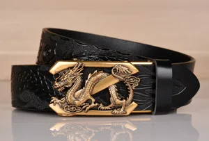 Detailed view of men's black leather belt with embossed dragon pattern and gold automatic buckle.