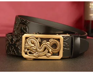 Detailed view of the exquisite brass dragon buckle and embossed leather strap texture.