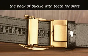 Close up view of the mens automatic ratchet belt buckle back with secure gear teeth structure.