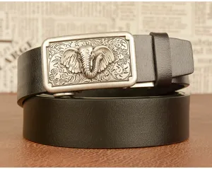 Men's black leather belt featuring an intricate vintage silver elephant relief automatic buckle.