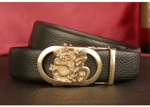 Detailed view of men's leather belt featuring a golden dragon and Fu buckle design.
