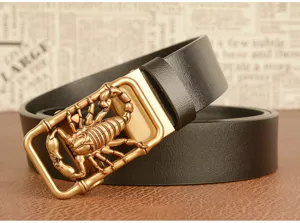Men's automatic leather belt with unique scorpion alloy buckle, casual business cowhide strap.