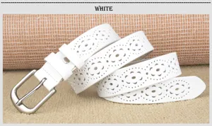 White hollow-out leather belt for women, stylish casual pin buckle waist strap accessory.