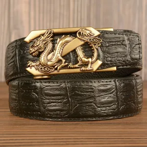 Men's Genuine Cowhide Leather Automatic Buckle Belt Vintage Dragon Metal Buckle Casual Business Jeans Belt