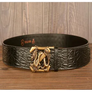 Men black leather belt with crocodile pattern and stylish gold dragon automatic buckle detail.