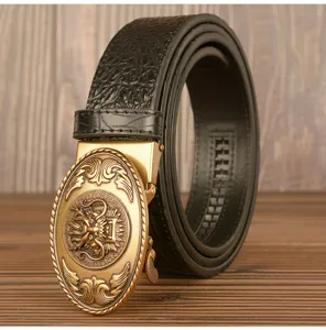 Men's retro automatic buckle leather belt with detailed dragon motif and crocodile texture strap.