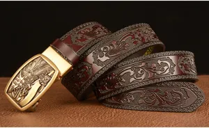 Men vintage embossed cowhide leather belt with metallic automatic buckle fashion casual strap