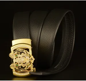Men luxury genuine leather belt with sparkling diamond tiger head automatic buckle for casual wear