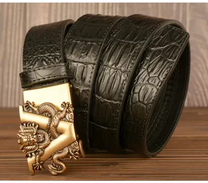 Herren Ledergürtel mit Retro Krokomuster und goldener Drachen V-Schnalle Automatik modisch.