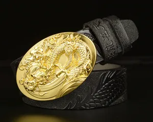 Detailed view of men's leather belt with golden dragon buckle and embossed black strap.