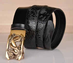 Men leather belt automatic buckle embossed dragon pattern vintage casual jeans belt black style