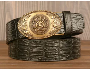 Men retro crocodile pattern leather belt featuring exquisite gold dragon metal automatic buckle.