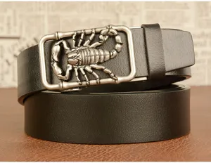 Men's leather belt featuring a unique 3D scorpion metal automatic buckle and black cowhide strap.